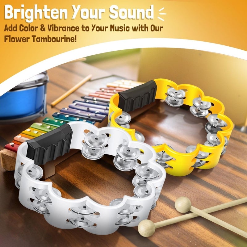 Flexzion Flower Tambourine – 8 Inch Handheld Percussion Instrument w/Metal Jingles & Ergonomic Grip – Compact Tambourine for Adults, Worship, Parties & Musical Performances (2 Pack - Yellow & White) - Image 2